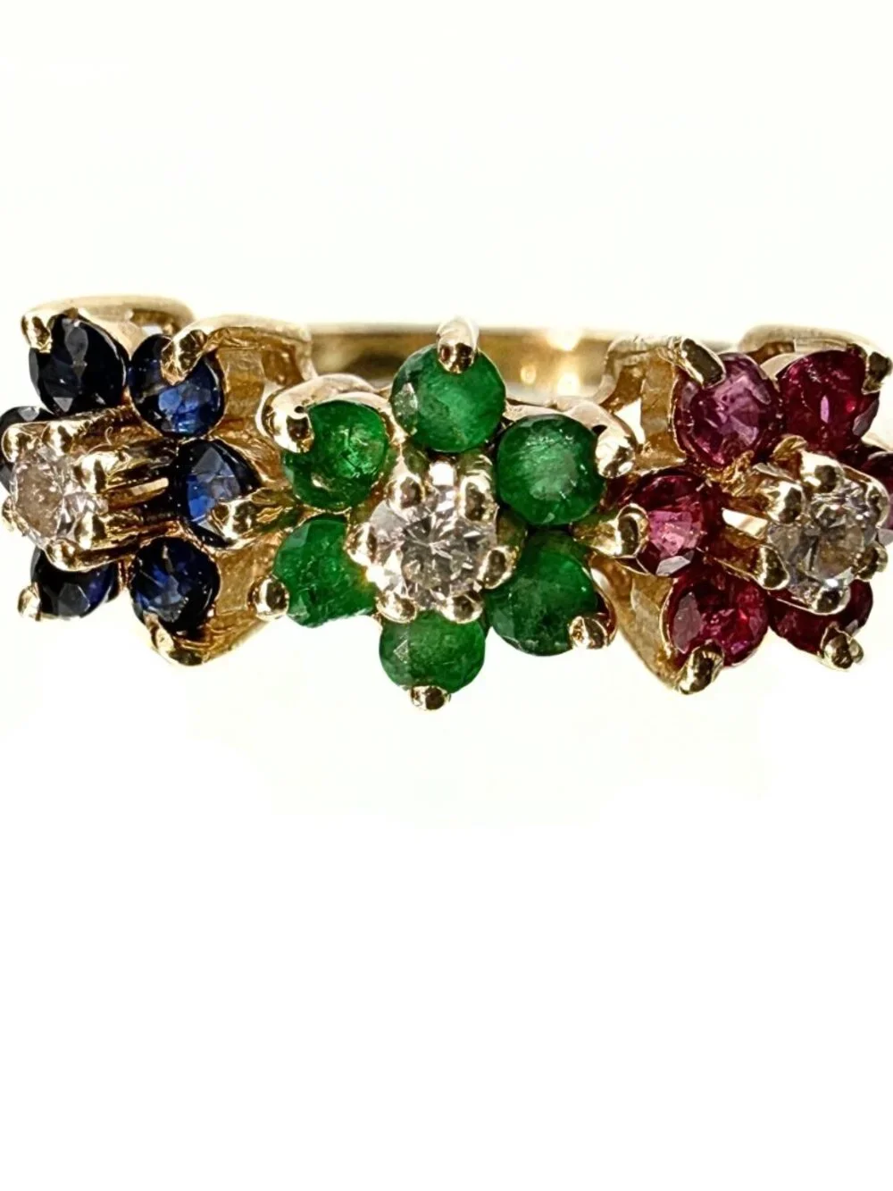 Estate 14K Gold Lab Emerald Diamonds Ruby Sapphire Floral Cluster Ring Sz 5